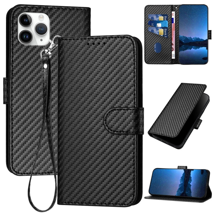 YX0070 Carbon Fiber Buckle Leather Phone Case with Lanyard – Wear-resistant, Lanyard, Card Slot, For iPhone 11 Pro, For iPhone X / XS, For iPhone XR For iPhone 11 Pro Black