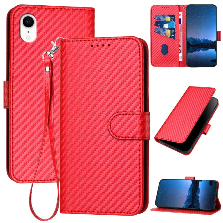 YX0070 Carbon Fiber Buckle Leather Phone Case with Lanyard – Wear-resistant, Lanyard, Card Slot, For iPhone 11 Pro, For iPhone X / XS, For iPhone XR For iPhone XR Red