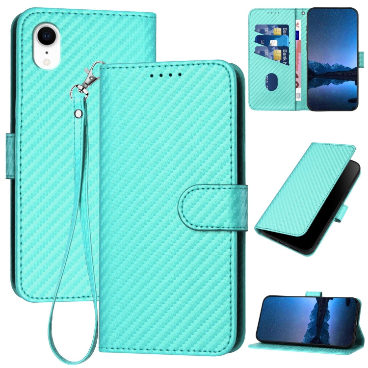 YX0070 Carbon Fiber Buckle Leather Phone Case with Lanyard – Wear-resistant, Lanyard, Card Slot, For iPhone 11 Pro, For iPhone X / XS, For iPhone XR For iPhone XR Light Blue
