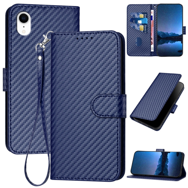 YX0070 Carbon Fiber Buckle Leather Phone Case with Lanyard – Wear-resistant, Lanyard, Card Slot, For iPhone 11 Pro, For iPhone X / XS, For iPhone XR For iPhone XR Royal Blue