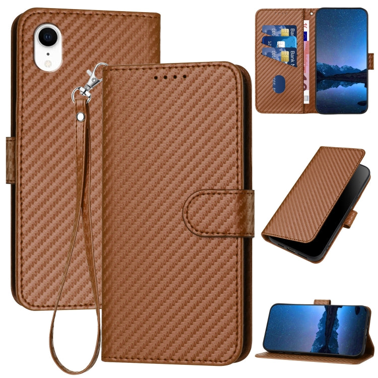 YX0070 Carbon Fiber Buckle Leather Phone Case with Lanyard – Wear-resistant, Lanyard, Card Slot, For iPhone 11 Pro, For iPhone X / XS, For iPhone XR For iPhone XR Coffee