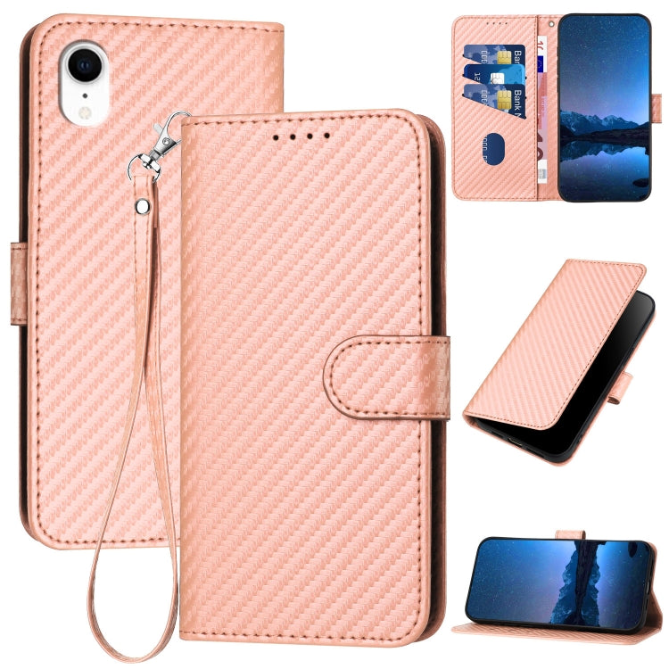 YX0070 Carbon Fiber Buckle Leather Phone Case with Lanyard – Wear-resistant, Lanyard, Card Slot, For iPhone 11 Pro, For iPhone X / XS, For iPhone XR For iPhone XR Pink