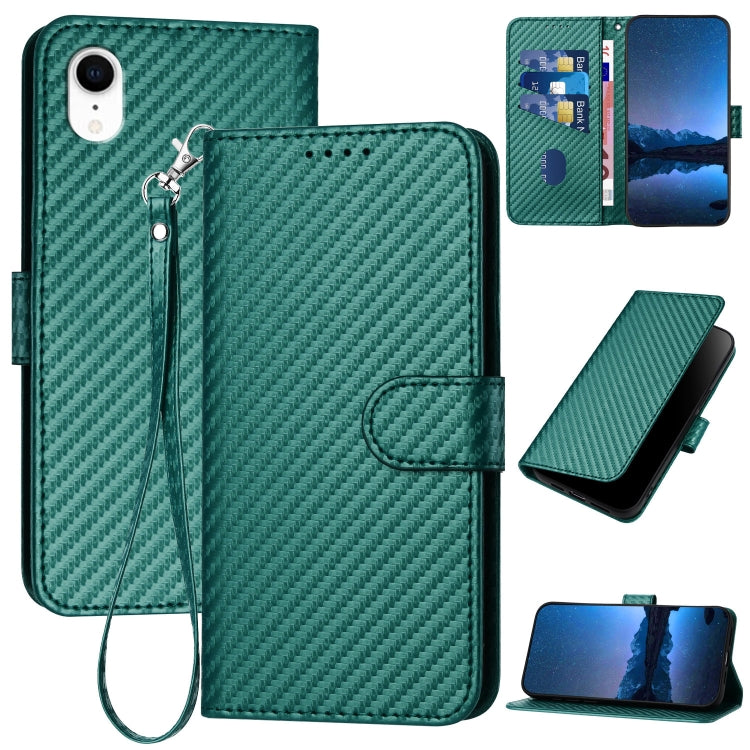 YX0070 Carbon Fiber Buckle Leather Phone Case with Lanyard – Wear-resistant, Lanyard, Card Slot, For iPhone 11 Pro, For iPhone X / XS, For iPhone XR For iPhone XR Dark Green
