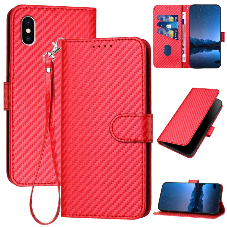 YX0070 Carbon Fiber Buckle Leather Phone Case with Lanyard, For iPhone XS Max, For iPhone 8 Plus / 7 Plus For iPhone XS Max Red
