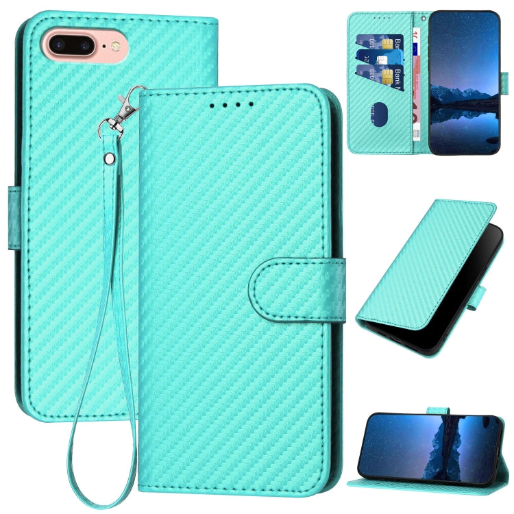 YX0070 Carbon Fiber Buckle Leather Phone Case with Lanyard – Wear-resistant, Lanyard, Card Slot, For iPhone XS Max, For iPhone 8 Plus / 7 Plus For iPhone 8 Plus 7 Plus Light Blue
