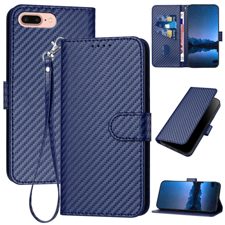 YX0070 Carbon Fiber Buckle Leather Phone Case with Lanyard – Wear-resistant, Lanyard, Card Slot, For iPhone XS Max, For iPhone 8 Plus / 7 Plus For iPhone 8 Plus 7 Plus Royal Blue