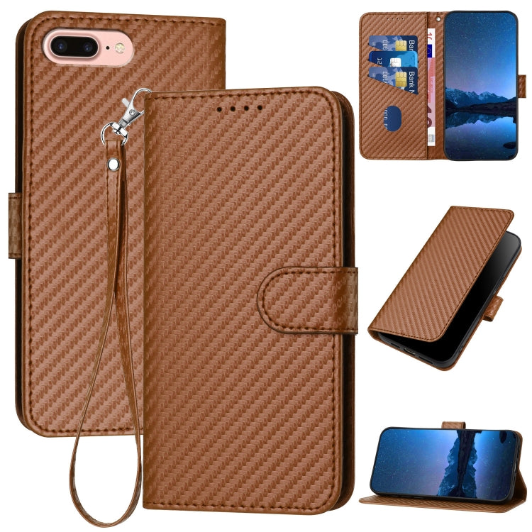 YX0070 Carbon Fiber Buckle Leather Phone Case with Lanyard – Wear-resistant, Lanyard, Card Slot, For iPhone XS Max, For iPhone 8 Plus / 7 Plus For iPhone 8 Plus 7 Plus Coffee
