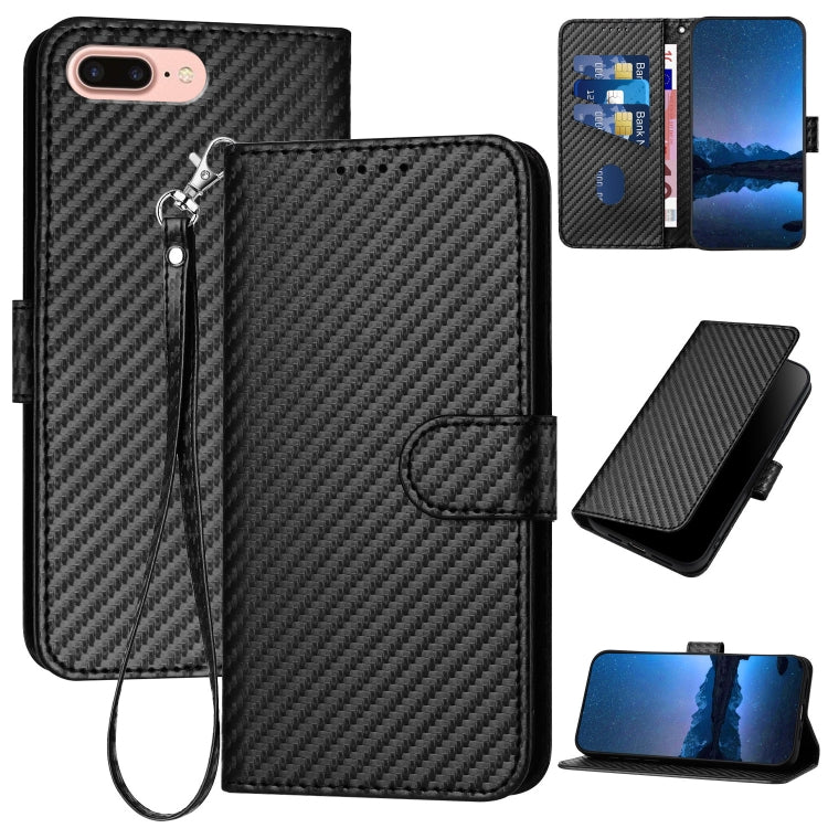 YX0070 Carbon Fiber Buckle Leather Phone Case with Lanyard – Wear-resistant, Lanyard, Card Slot, For iPhone XS Max, For iPhone 8 Plus / 7 Plus For iPhone 8 Plus 7 Plus Black