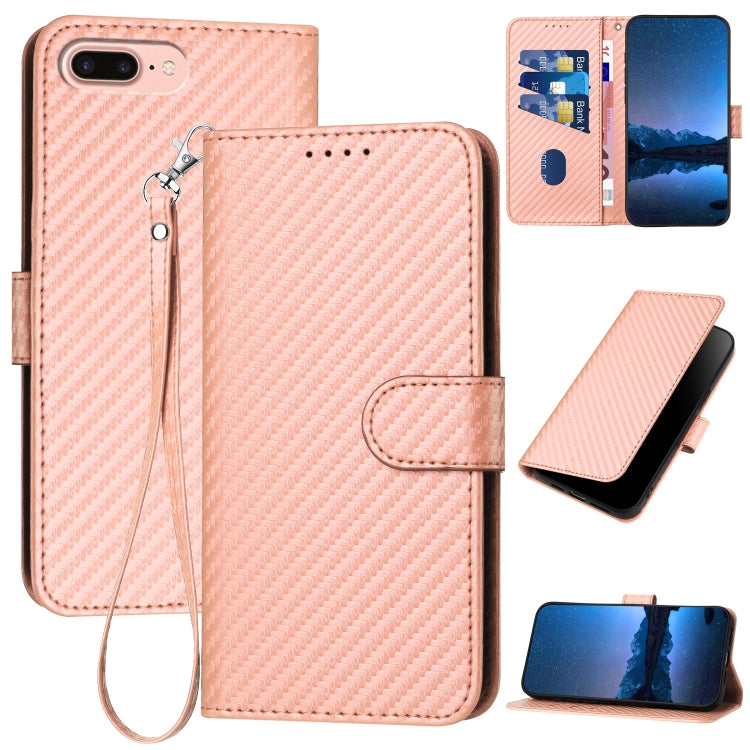 YX0070 Carbon Fiber Buckle Leather Phone Case with Lanyard – Wear-resistant, Lanyard, Card Slot, For iPhone XS Max, For iPhone 8 Plus / 7 Plus For iPhone 8 Plus 7 Plus Pink