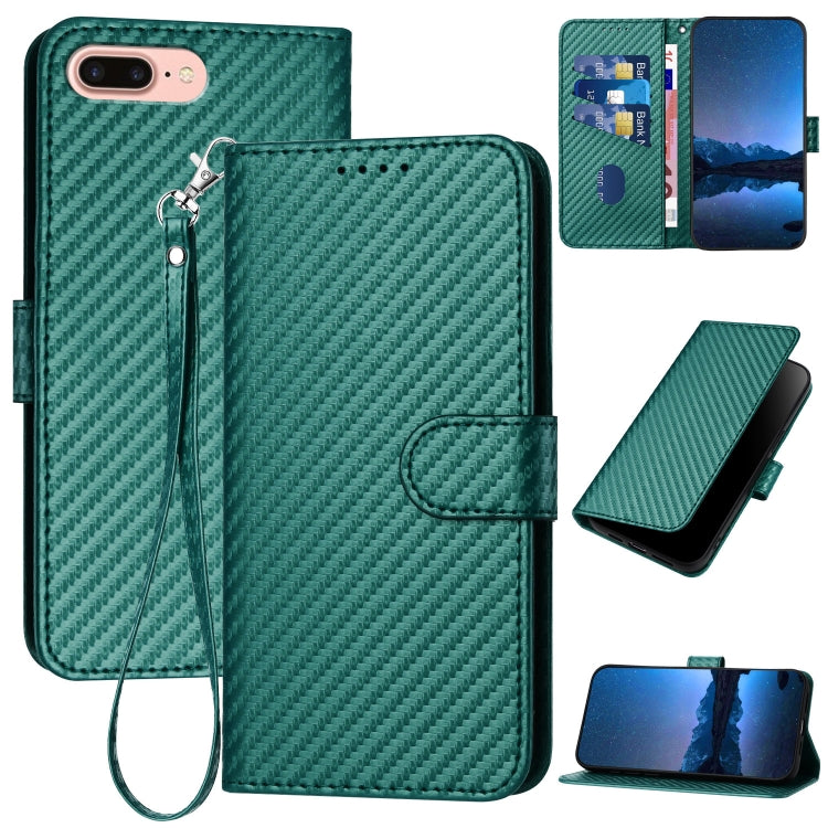 YX0070 Carbon Fiber Buckle Leather Phone Case with Lanyard – Wear-resistant, Lanyard, Card Slot, For iPhone XS Max, For iPhone 8 Plus / 7 Plus For iPhone 8 Plus 7 Plus Dark Green