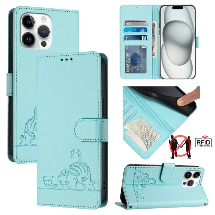Cat Rat Embossed Pattern RFID Leather Phone Case with Lanyard, For iPhone 14 Pro Max, For iPhone SE 2022/SE 2020/6/7/8, For iPhone 13 Pro Max, For iPhone 13 Pro For iPhone 14 Pro Max Mint Green
