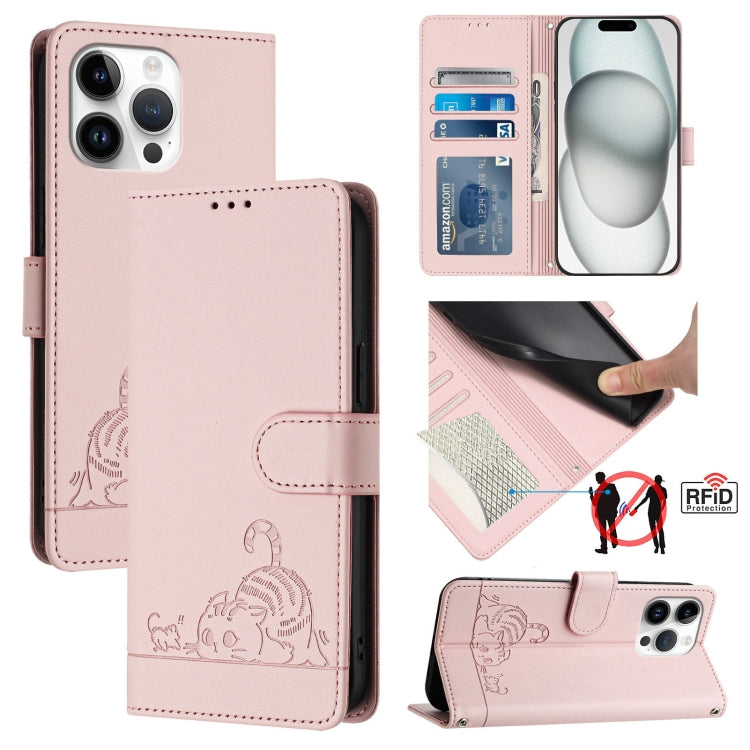 Cat Rat Embossed Pattern RFID Leather Phone Case with Lanyard – Wear-resistant, Lanyard, Card Slot, For iPhone 14 Pro Max, For iPhone SE 2022/SE 2020/6/7/8, For iPhone 13 Pro Max, For iPhone 13 Pro For iPhone 14 Pro Max Pink