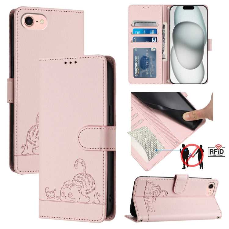 Cat Rat Embossed Pattern RFID Leather Phone Case with Lanyard – Wear-resistant, Lanyard, Card Slot, For iPhone 14 Pro Max, For iPhone SE 2022/SE 2020/6/7/8, For iPhone 13 Pro Max, For iPhone 13 Pro For iPhone SE 2022 SE 2020 6 7 8 Pink