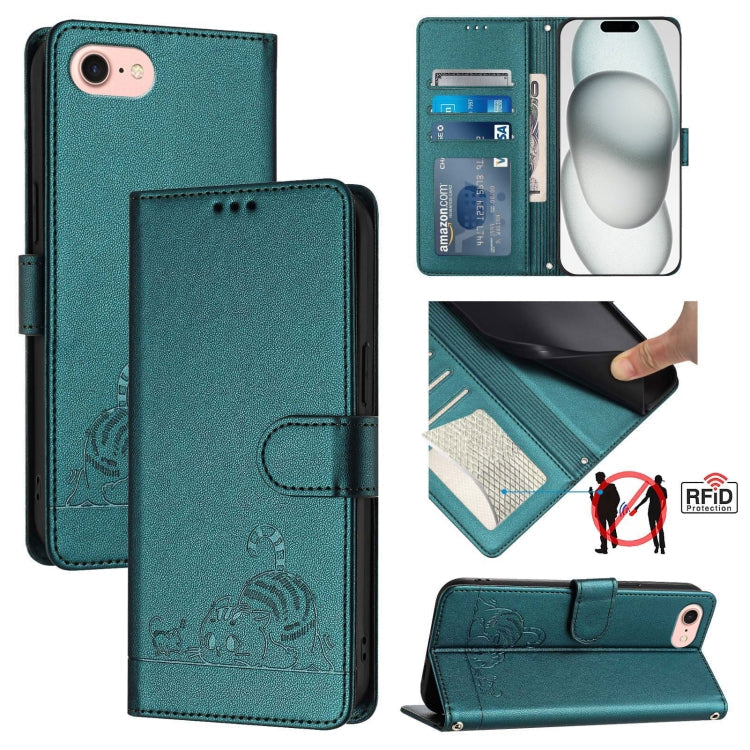 Cat Rat Embossed Pattern RFID Leather Phone Case with Lanyard – Wear-resistant, Lanyard, Card Slot, For iPhone 14 Pro Max, For iPhone SE 2022/SE 2020/6/7/8, For iPhone 13 Pro Max, For iPhone 13 Pro For iPhone SE 2022 SE 2020 6 7 8 Peacock Green