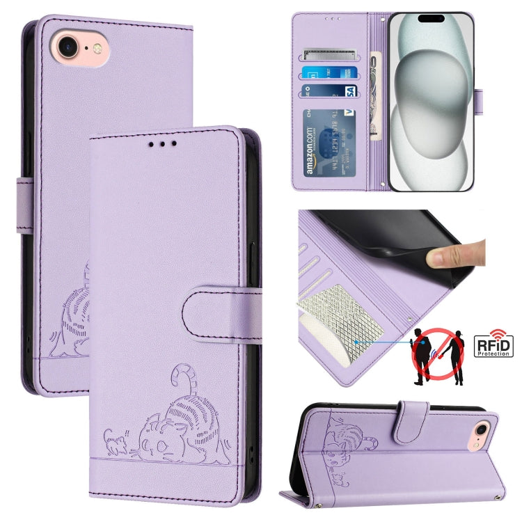 Cat Rat Embossed Pattern RFID Leather Phone Case with Lanyard – Wear-resistant, Lanyard, Card Slot, For iPhone 14 Pro Max, For iPhone SE 2022/SE 2020/6/7/8, For iPhone 13 Pro Max, For iPhone 13 Pro For iPhone SE 2022 SE 2020 6 7 8 Purple
