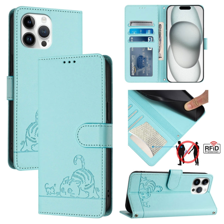 Cat Rat Embossed Pattern RFID Leather Phone Case with Lanyard – Wear-resistant, Lanyard, Card Slot, For iPhone 14 Pro Max, For iPhone SE 2022/SE 2020/6/7/8, For iPhone 13 Pro Max, For iPhone 13 Pro For iPhone 13 Pro Max Mint Green