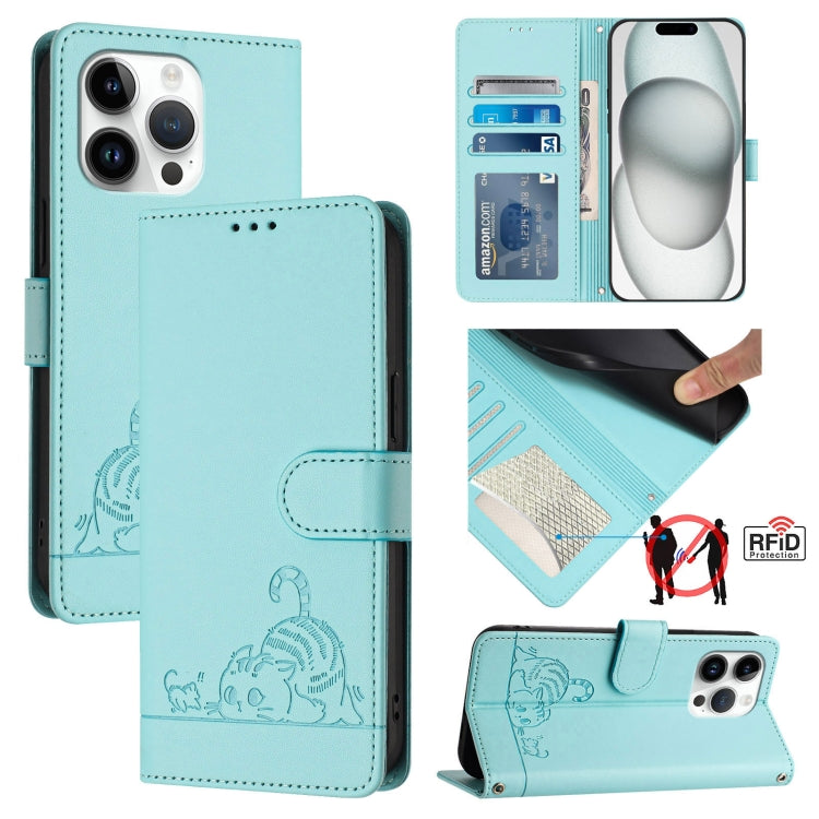 Cat Rat Embossed Pattern RFID Leather Phone Case with Lanyard – Wear-resistant, Lanyard, Card Slot, For iPhone 14 Pro Max, For iPhone SE 2022/SE 2020/6/7/8, For iPhone 13 Pro Max, For iPhone 13 Pro For iPhone 13 Pro Mint Green