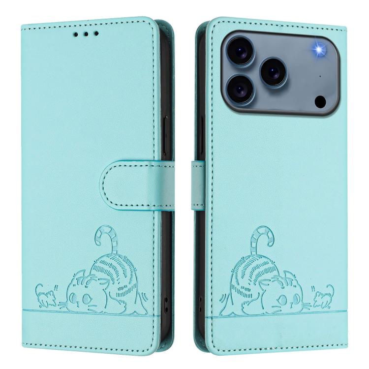 Cat Rat Embossed Pattern RFID Leather Phone Case with Lanyard, For iPhone 17 Pro Max, For iPhone 17 Pro, For iPhone 17, For iPhone Air