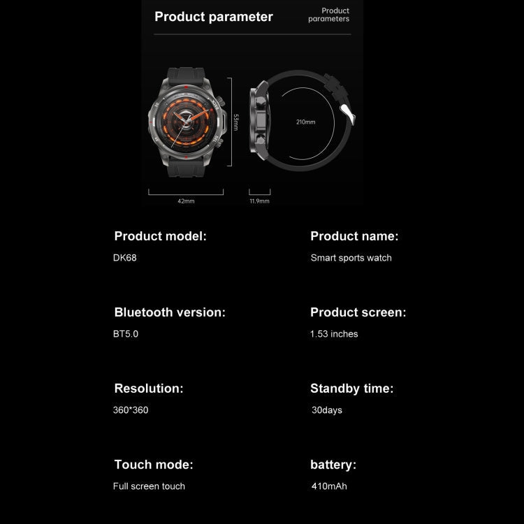 DK68 Smart Watch – 1.53" Screen, IP67 Waterproof, Blood Pressure Monitoring