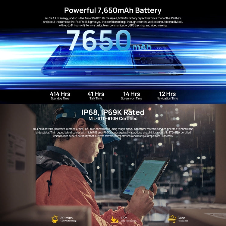Ulefone Armor Pad Pro Rugged Tablet PC, 8 inch Android 13 MediaTek MT8788 Octa Core 4G Network, EU Plug, Armor Pad Pro – Lanyard, Card Slot, Bluetooth