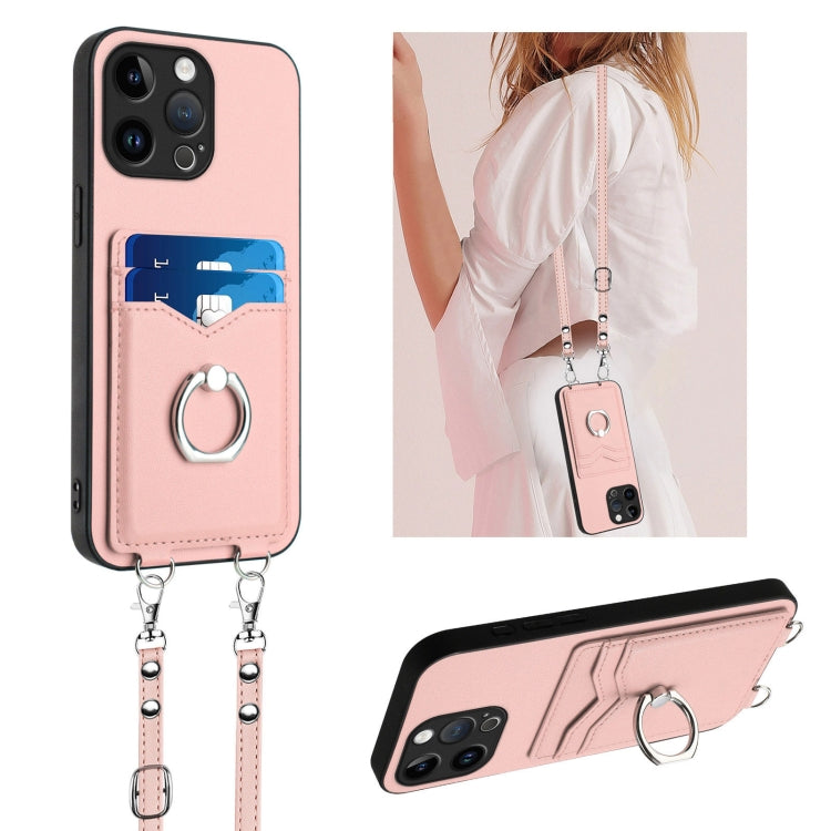 R20 Crossbody Rope Ring Card Holder Phone Case – Wear-resistant, Card Slot, TPU, For iPhone 15 Pro Max, For iPhone 15 Pro, For iPhone 15 Plus, For iPhone 15 For iPhone 15 Pro Max Pink