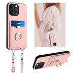 R20 Crossbody Rope Ring Card Holder Phone Case – Wear-resistant, Card Slot, TPU, For iPhone 15 Pro Max, For iPhone 15 Pro, For iPhone 15 Plus, For iPhone 15 For iPhone 15 Pro Max Pink