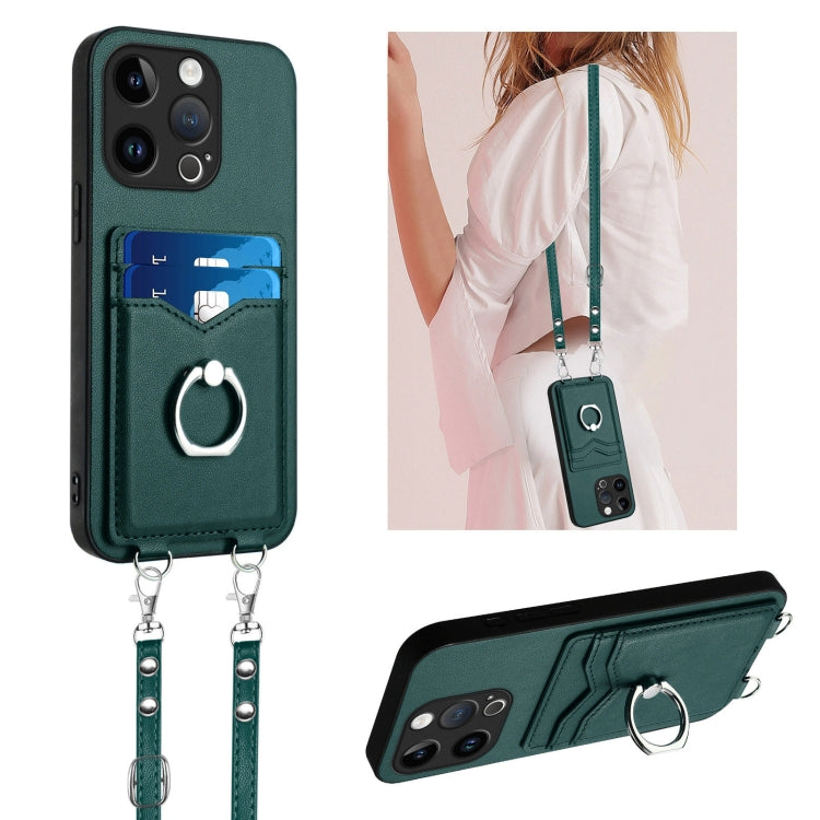 R20 Crossbody Rope Ring Card Holder Phone Case – Wear-resistant, Card Slot, TPU, For iPhone 15 Pro Max, For iPhone 15 Pro, For iPhone 15 Plus, For iPhone 15 For iPhone 15 Pro Green
