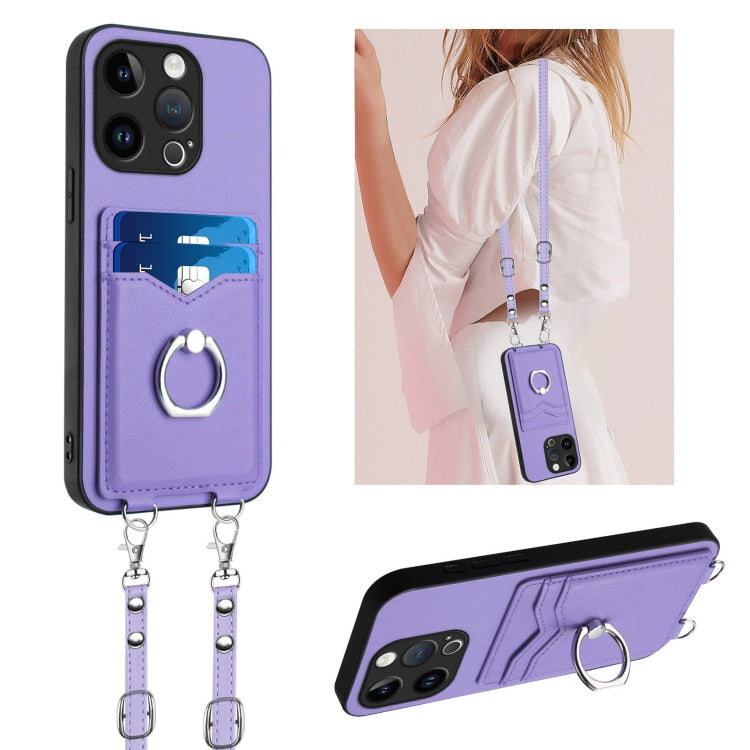 R20 Crossbody Rope Ring Card Holder Phone Case – Wear-resistant, Card Slot, TPU, For iPhone 15 Pro Max, For iPhone 15 Pro, For iPhone 15 Plus, For iPhone 15 For iPhone 15 Pro Purple