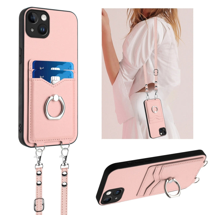 R20 Crossbody Rope Ring Card Holder Phone Case – Wear-resistant, Card Slot, TPU, For iPhone 15 Pro Max, For iPhone 15 Pro, For iPhone 15 Plus, For iPhone 15 For iPhone 15 Plus Pink