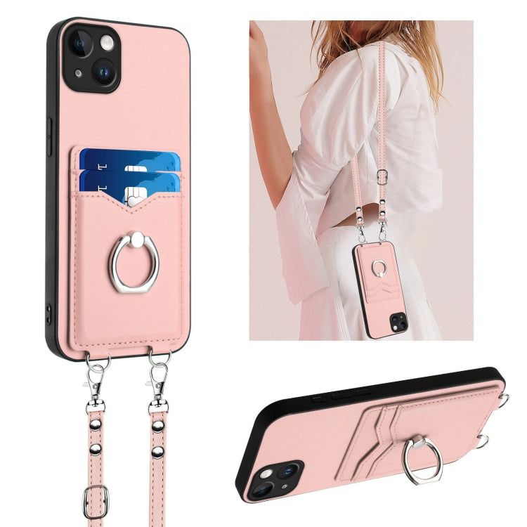 R20 Crossbody Rope Ring Card Holder Phone Case – Wear-resistant, Card Slot, TPU, For iPhone 14 Plus, For iPhone 14, For iPhone 14 Pro, For iPhone 14 Pro Max For iPhone 14 Plus Pink