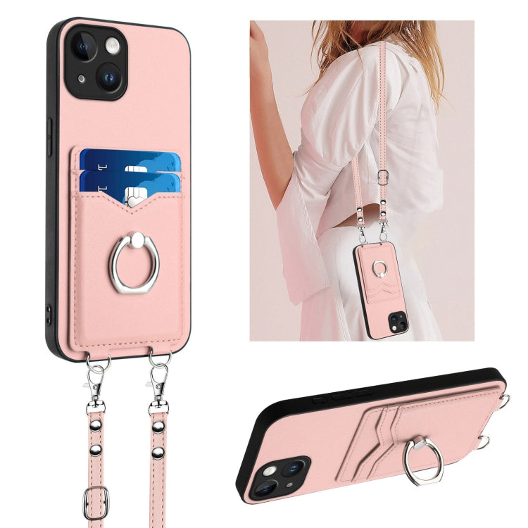 R20 Crossbody Rope Ring Card Holder Phone Case – Wear-resistant, Card Slot, TPU, For iPhone 14 Plus, For iPhone 14, For iPhone 14 Pro, For iPhone 14 Pro Max For iPhone 14 Pink