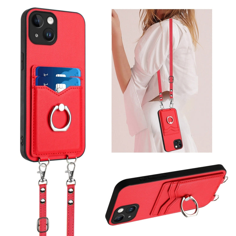 R20 Crossbody Rope Ring Card Holder Phone Case – Wear-resistant, Card Slot, TPU, For iPhone 14 Plus, For iPhone 14, For iPhone 14 Pro, For iPhone 14 Pro Max For iPhone 14 Red