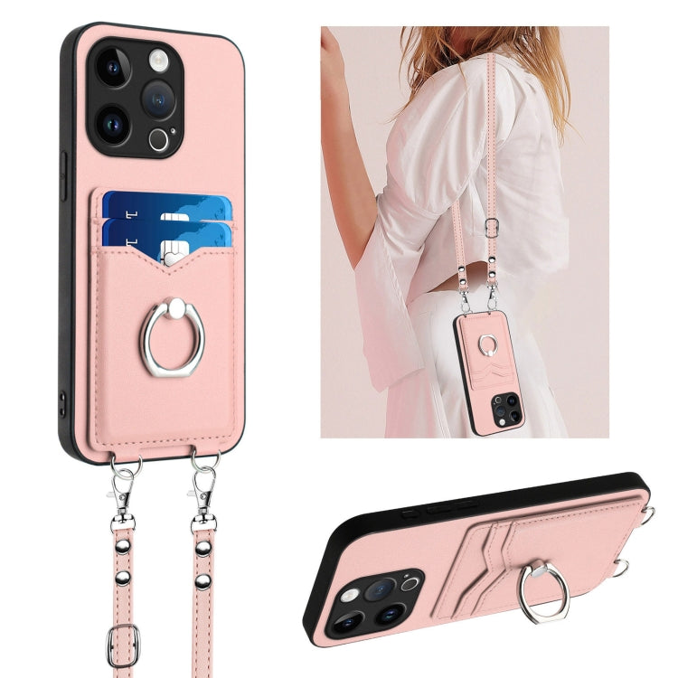 R20 Crossbody Rope Ring Card Holder Phone Case – Wear-resistant, Card Slot, TPU, For iPhone 14 Plus, For iPhone 14, For iPhone 14 Pro, For iPhone 14 Pro Max For iPhone 14 Pro Pink