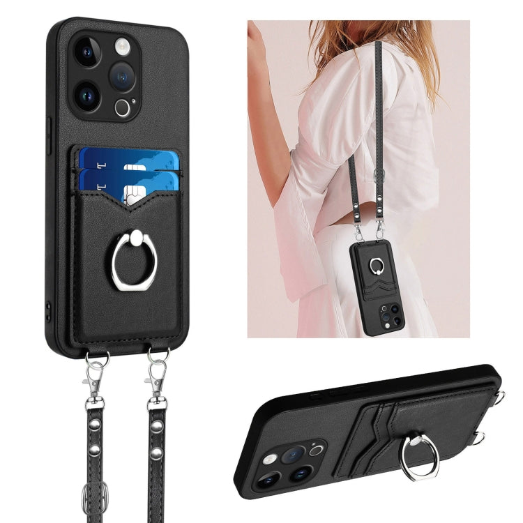 R20 Crossbody Rope Ring Card Holder Phone Case – Wear-resistant, Card Slot, TPU, For iPhone 14 Plus, For iPhone 14, For iPhone 14 Pro, For iPhone 14 Pro Max For iPhone 14 Pro Black