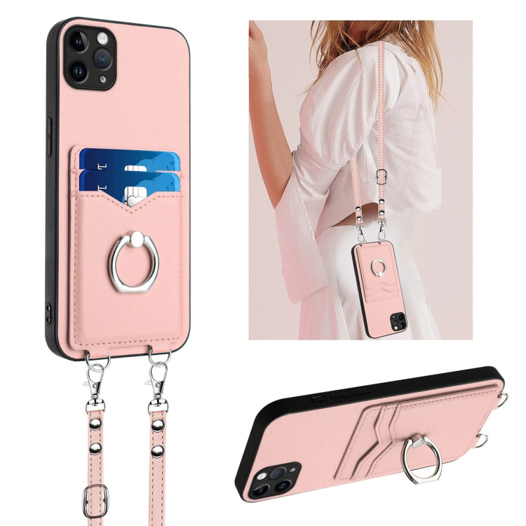 R20 Crossbody Rope Ring Card Holder Phone Case – Wear-resistant, Card Slot, TPU, For iPhone 12 mini, For iPhone 11 Pro Max, For iPhone 11, For iPhone 11 Pro For iPhone 11 Pro Max Pink