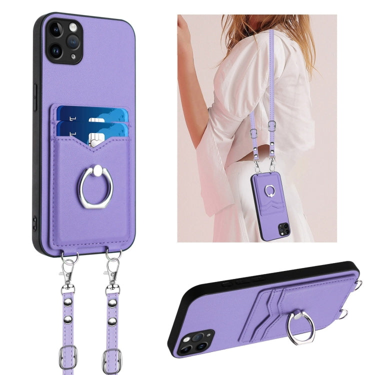 R20 Crossbody Rope Ring Card Holder Phone Case – Wear-resistant, Card Slot, TPU, For iPhone 12 mini, For iPhone 11 Pro Max, For iPhone 11, For iPhone 11 Pro For iPhone 11 Pro Max Purple