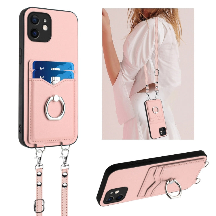 R20 Crossbody Rope Ring Card Holder Phone Case – Wear-resistant, Card Slot, TPU, For iPhone 12 mini, For iPhone 11 Pro Max, For iPhone 11, For iPhone 11 Pro For iPhone 11 Pink