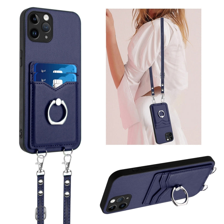 R20 Crossbody Rope Ring Card Holder Phone Case – Wear-resistant, Card Slot, TPU, For iPhone 12 mini, For iPhone 11 Pro Max, For iPhone 11, For iPhone 11 Pro For iPhone 11 Pro Blue