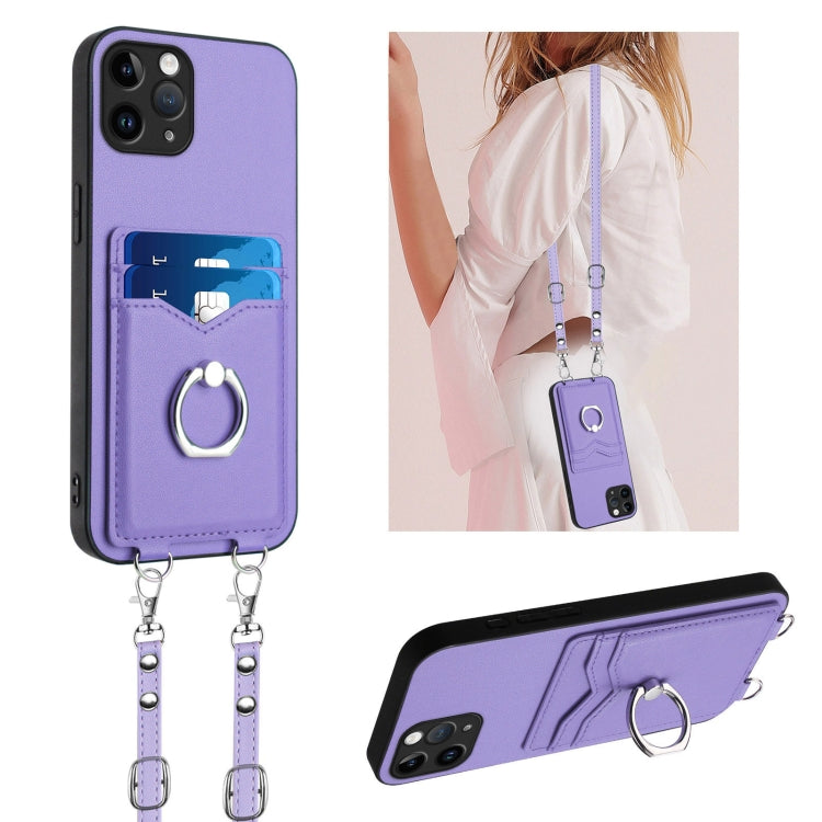 R20 Crossbody Rope Ring Card Holder Phone Case – Wear-resistant, Card Slot, TPU, For iPhone 12 mini, For iPhone 11 Pro Max, For iPhone 11, For iPhone 11 Pro For iPhone 11 Pro Purple