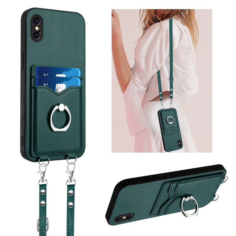 R20 Crossbody Rope Ring Card Holder Phone Case – Wear-resistant, Card Slot, TPU, For iPhone XS / X, For iPhone XR, For iPhone XS Max, For iPhone 8 Plus / 7 Plus For iPhone XS X Green