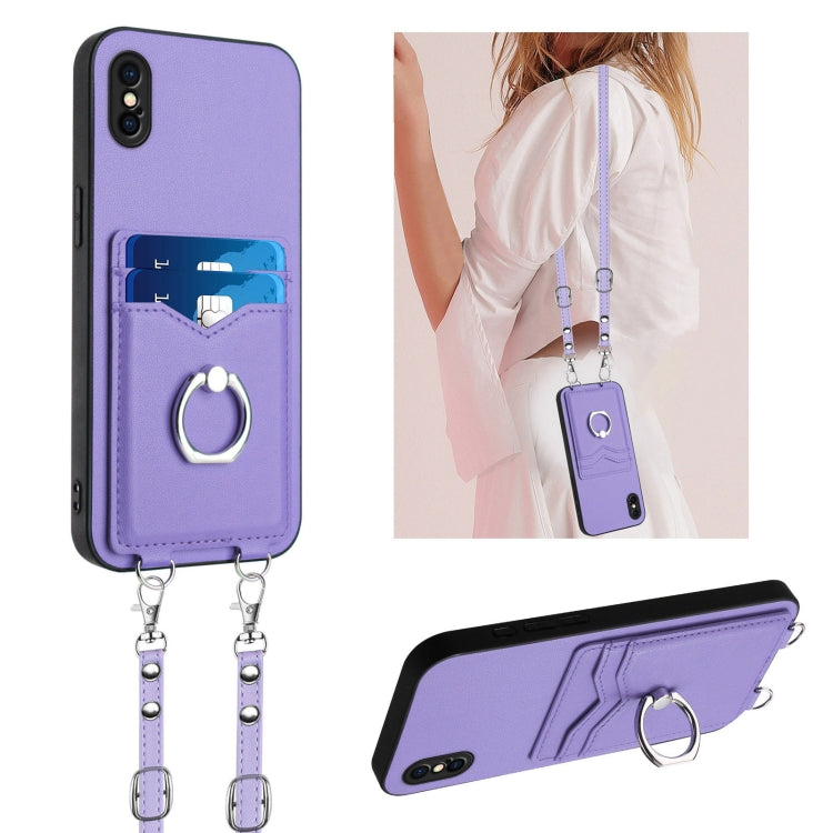 R20 Crossbody Rope Ring Card Holder Phone Case – Wear-resistant, Card Slot, TPU, For iPhone XS / X, For iPhone XR, For iPhone XS Max, For iPhone 8 Plus / 7 Plus For iPhone XS X Purple