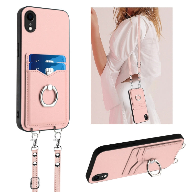 R20 Crossbody Rope Ring Card Holder Phone Case – Wear-resistant, Card Slot, TPU, For iPhone XS / X, For iPhone XR, For iPhone XS Max, For iPhone 8 Plus / 7 Plus For iPhone XR Pink