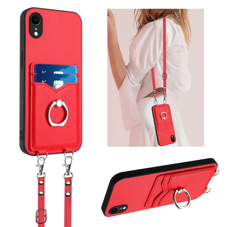 R20 Crossbody Rope Ring Card Holder Phone Case – Wear-resistant, Card Slot, TPU, For iPhone XS / X, For iPhone XR, For iPhone XS Max, For iPhone 8 Plus / 7 Plus For iPhone XR Red