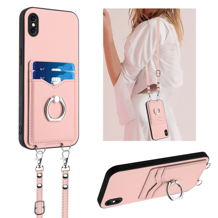 R20 Crossbody Rope Ring Card Holder Phone Case – Wear-resistant, Card Slot, TPU, For iPhone XS / X, For iPhone XR, For iPhone XS Max, For iPhone 8 Plus / 7 Plus For iPhone XS Max Pink