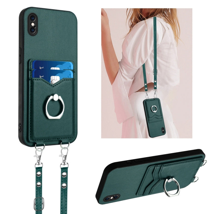 R20 Crossbody Rope Ring Card Holder Phone Case – Wear-resistant, Card Slot, TPU, For iPhone XS / X, For iPhone XR, For iPhone XS Max, For iPhone 8 Plus / 7 Plus For iPhone XS Max Green