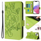 Embossed Rose RFID Anti-theft Leather Phone Case, For iPhone 15, For iPhone 14 Plus, For iPhone 14 / 13, For iPhone 14 Pro For iPhone 15 Green