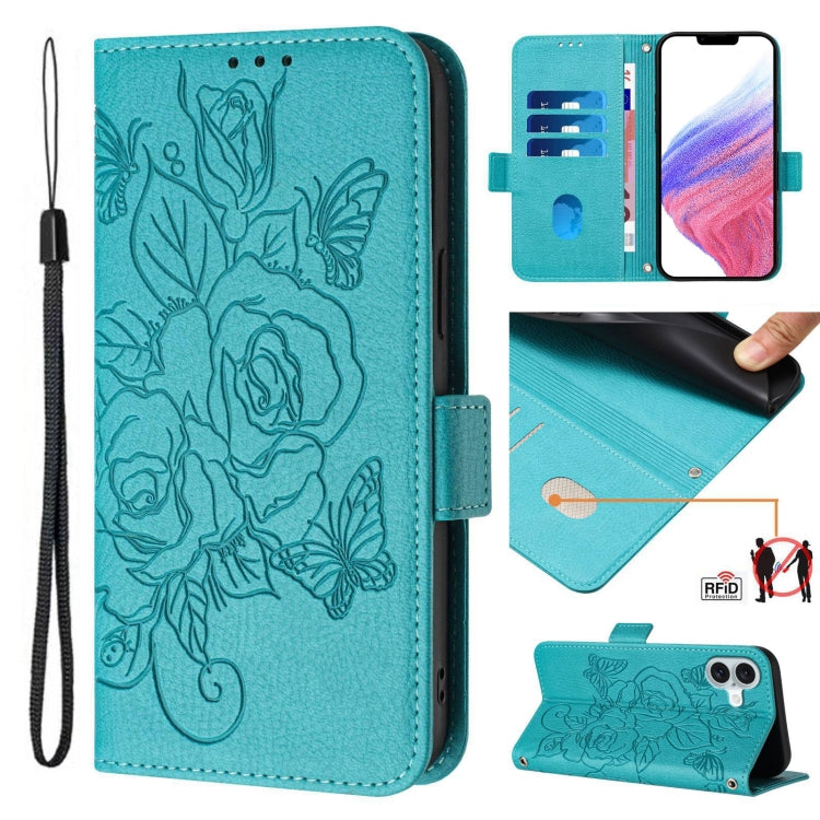 Embossed Rose RFID Anti-theft Leather Phone Case – Card Slot, Kickstand, Leather, For iPhone 16, For iPhone 15 Pro Max, For iPhone 15 Pro, For iPhone 15 Plus For iPhone 16 Light Blue