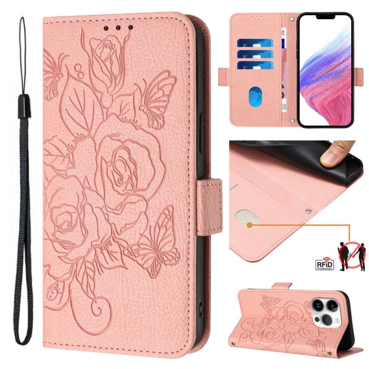 Embossed Rose RFID Anti-theft Leather Phone Case – Card Slot, Kickstand, Leather, For iPhone SE 2024, For iPhone 16 Pro Max, For iPhone 16 Pro, For iPhone 16 Plus For iPhone 16 Pro Max Pink