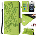 Embossed Rose RFID Anti-theft Leather Phone Case, For iPhone SE 2024, For iPhone 16 Pro Max, For iPhone 16 Pro, For iPhone 16 Plus For iPhone SE 2024 Green
