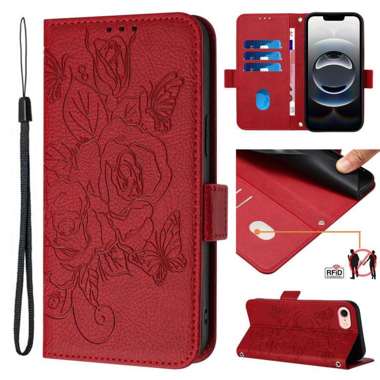 Embossed Rose RFID Anti-theft Leather Phone Case – Card Slot, Kickstand, Leather, For iPhone SE 2024, For iPhone 16 Pro Max, For iPhone 16 Pro, For iPhone 16 Plus For iPhone SE 2024 Red
